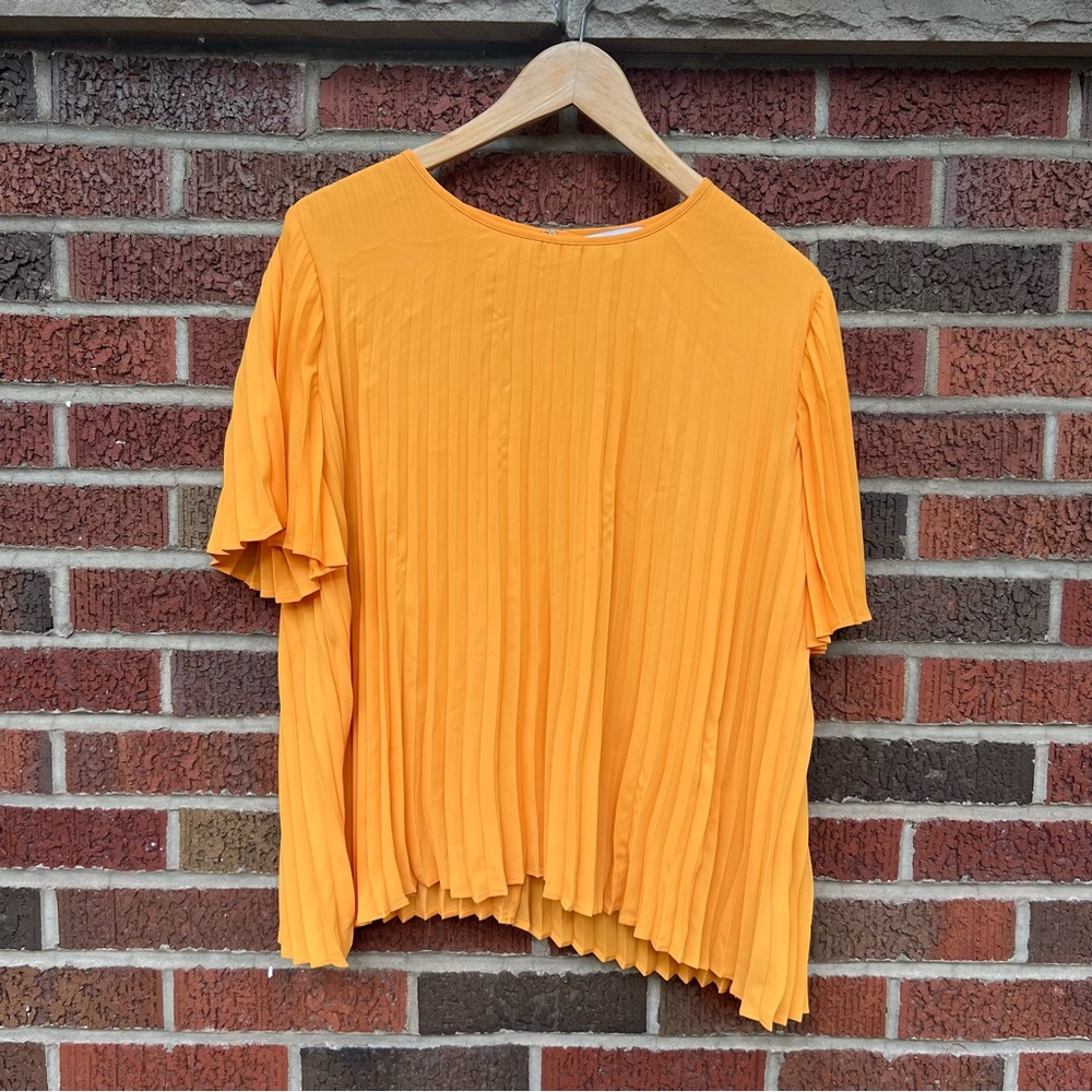 Express Mustard Yellow Gold Chiffon Pleated Short Sleeve Blouse Top